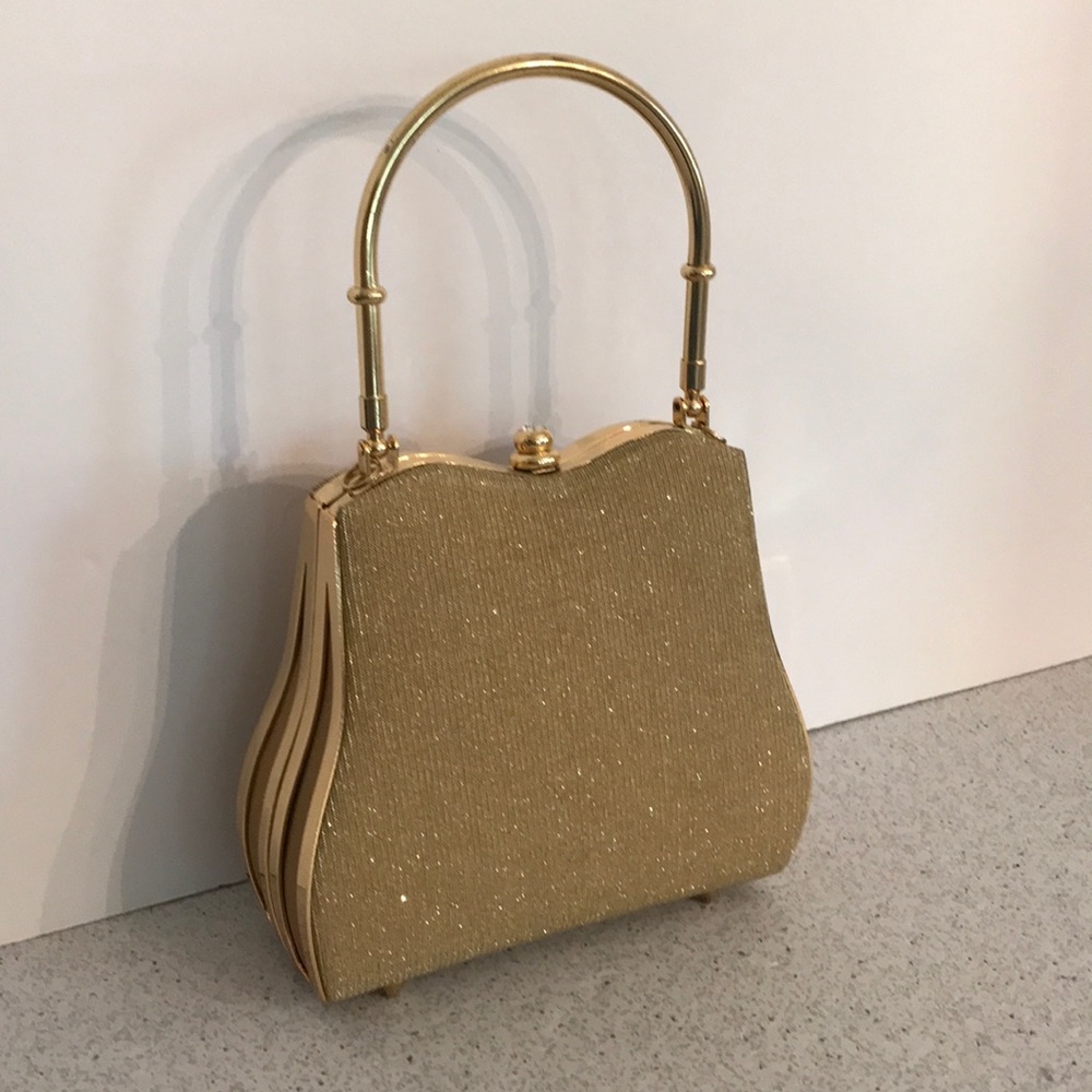 Gold metallic top handle evening bag dressy purse